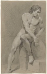 Desnudo masculino sentado, girado hacia la derecha, el pie izquierdo sobre un bloque