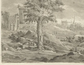 paisaje con pastor y ovejas