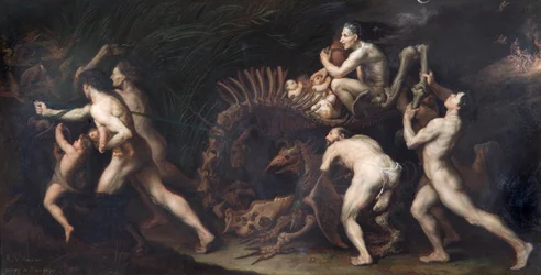 La Carcasse : Una bruja dibujada sobre el esqueleto de un monstruo, antes de 1620 (óleo sobre cobre)