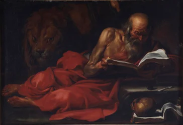 ""Representación de San Jerónimo"" (San Jerónimo de Estridón, 347-420) Pintura de Jose de Ribera (1591-1652) Dim 103,2x149 cm Villa Margherita, Bordighera