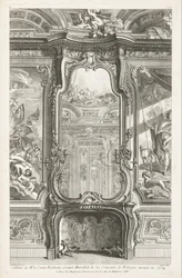 Gabinete del Conde Bielenski Gran Mariscal de la Corona de Polonia ejecutado en 1734; Chimenea con espejo, con parte del revestimiento de soporte y pinturas a cada lado, 1ª Placa