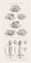 Guardas de Espadas de Oro para los Regalos del Matrimonio del Rey en 1725, Empuñadura de Espada en Honor del Matrimonio del Rey en 1725, pl. 52 en Oeuvre de Juste-Aurele Meissonnier
