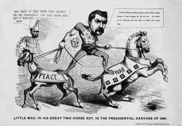 Little Mac, en su gran acto de dos caballos, en la campaña presidencial de 1864, publicado por T.W Strong, Nueva York, c.1864