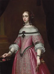 Retrato de una dama, tres cuartos de longitud, con un vestido rosa bordado, tocado elaborado y pendientes, sosteniendo guantes en su mano izquierda y una rosa en su mano derecha, con una columna drapeada detrás