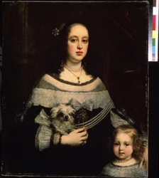 Retrato de una dama y una niña. Pintura de Justus Suttermans (1597-1681). Óleo sobre lienzo, 89 x 74 cm, hacia 1660. Arte flamenco, estilo barroco. Museo Pushkin de Bellas Artes, Moscú.