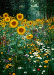 Borde del bosque de girasoles dorados