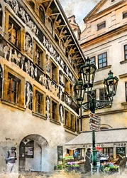 Escena callejera de Praga en esgrafiado