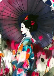 Retrato de una geisha con paraguas lleno de colorido