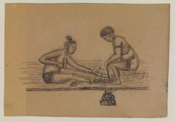 Ilustración para una leyenda inuit (dos personas desnudas hacen fuego)