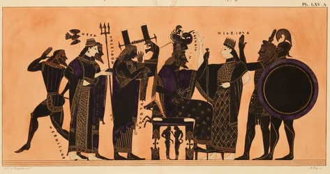 Grabado de la decoración de un ánfora griega, que muestra a Hefesto, Hera, Poseidón, Apolo, Zeus, Atenea, Eileithyia, Heracles y Ares, c. 1844 (acuarela y color corporal sobre litografía en papel de lana)