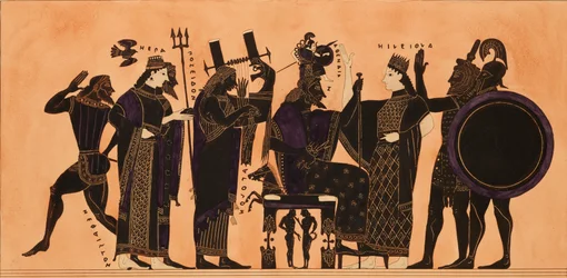 Impresión de la decoración en una ánfora griega, mostrando a Hefesto, Hera, Poseidón..., c. 1844
