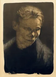 Retrato de una mujer trabajadora con pañuelo azul