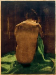 Desnudo femenino de espaldas sobre tela verde