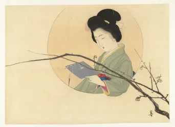 Mujer leyendo con rama floreciente