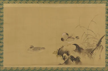 Patos mandarines en un paisaje, período Edo