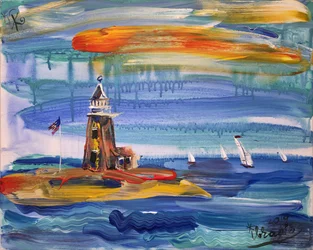 Paisaje marino con un faro de colores
