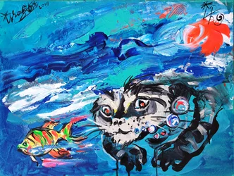 Gatos y peces bajo el agua