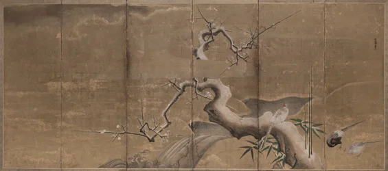 Escena de invierno con ciruelos y faisanes (Izquierda de pájaros)