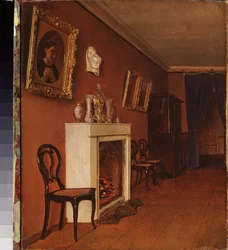 Interior con chimenea - Pintura de Kapiton Alexeyevich Zelentsov (1790-1845), óleo sobre lienzo