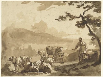 Paisaje de montaña con pastores con su rebaño de ovejas y vacas
