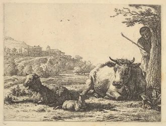 Vaca, oveja adulta y oveja joven tumbadas en la hierba, más allá, un pastor de pie, 1656