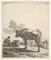 Vaquero con vaca y ternero en una ladera, el vaquero visto desde atrás y sentado, 1658