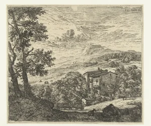 Paisaje montañoso con casas y un burro y dos ovejas