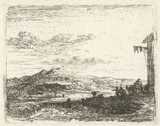 Paisaje con esquina de edificio y toldo a la derecha, dos figuras y un caballo, ca. 1641-78