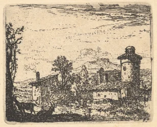 Paisaje con dos cabras con cuernos en la sombra en primer plano a la izquierda, edificios del pueblo al fondo