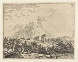 Paisaje con ruinas y dos hombres con un perro