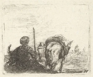 Caballo de carga, hombre sentado con bastón en la mano derecha y perro, todos vistos desde atrás..., ca. 1641-78