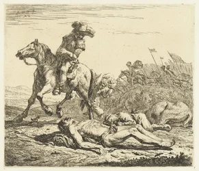 Campo de batalla con soldado a caballo y dos muertos