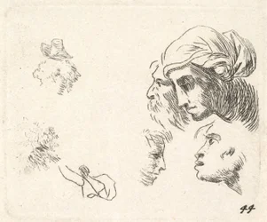 Estudio de cabezas en vista de perfil, una mujer con pañuelo en la cabeza y un hombre barbudo, ca. 1641-78