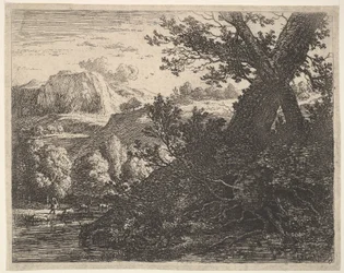 Árbol con raíces expuestas junto a un arroyo, un paisaje montañoso y un hombre caminando detrás..., 1659