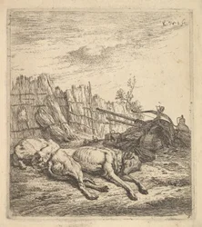 Dos perros durmiendo en el suelo, un arado, equipo de granja, manojos de paja, ca. 1641-78