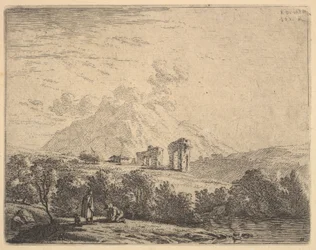 Vista de la ladera con ruinas, un acueducto y un peñasco de montaña al fondo, en primer plano un hombre, 1658