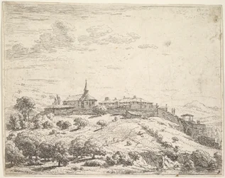 Pueblo amurallado en una colina, con iglesia a la izquierda y edificios construidos en la pendiente, 1658