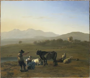 Un paisaje extenso en la campiña romana, con ganado y pastores, 1975