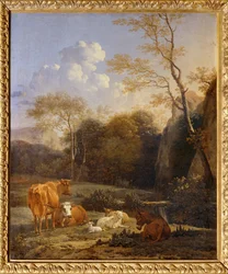 Le bocage, Vacas, burros y ovejas junto a un arroyo ...
