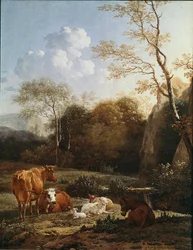 El bocage animal cerca de un arroyo. Pintura de Karel Dujardin (1622-1678) 1656. París, Museo del Louvre