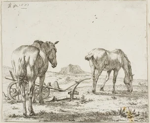 Dos caballos junto a un arado
