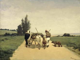 Familia errante en un camino rural