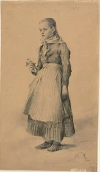 Chica con vestido campesino (recto); Hoja de bocetos: Mujeres y niñas (verso)