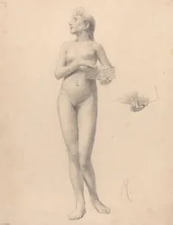 Mujer Desnuda de Pie Sosteniendo una Caja