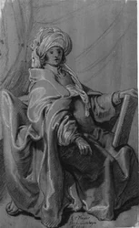 Figura sentada con capa y turbante, sosteniendo un libro. Mirando hacia la derecha