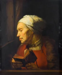 Retrato de una anciana que sostiene un libro abierto