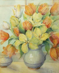 Tulipanes Mendel y Darwin en un alféizar