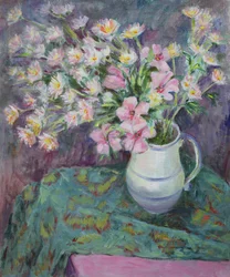 Flores rosas en una jarra