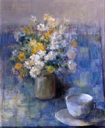 Taza de té y margaritas (óleo sobre lienzo)