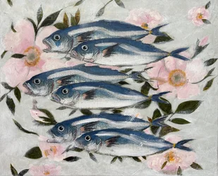 Peces azules y flores rosas